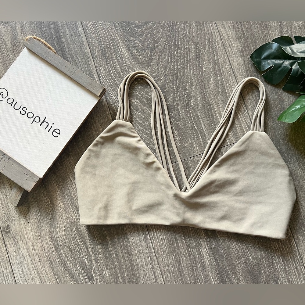 Mikoh strappy triangle bikini top in taupe. Size medium